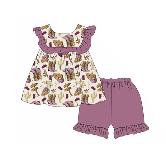Preorder moq 5 Baby Girls Sleeveless Boots Cactus Tunic Purple Ruffle Short Set