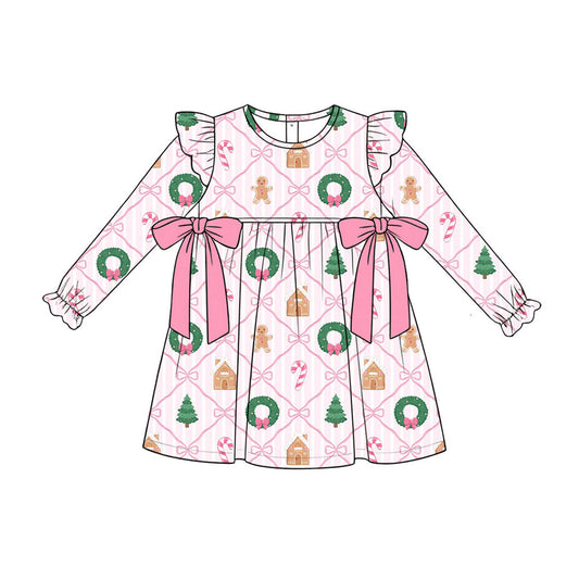 Preorder (moq 5)Baby Girls Gingerbread Holly Checked Christmas Knee length Dress