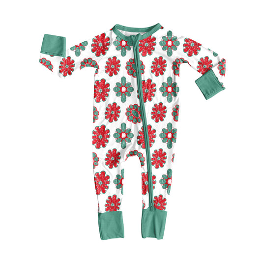Preorder (moq 20)Baby Girls Bamboo Green Red Turquoises Western Zippy Footie Rompers