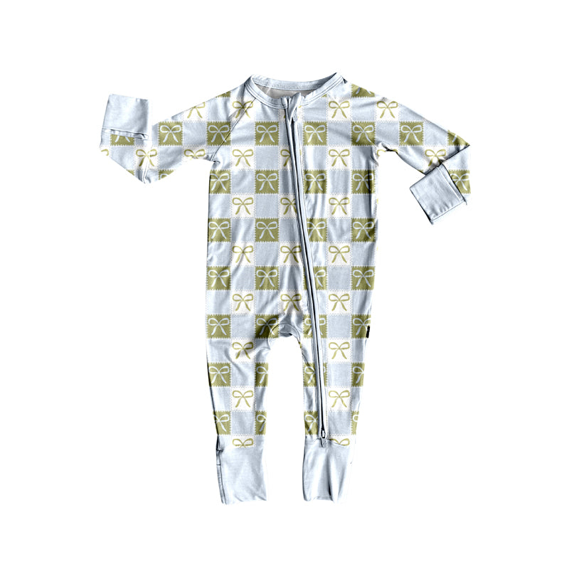 Preorder (moq 5)Baby Girls Long Sleeves Blue Green Plaid Bows Zipper Rompers