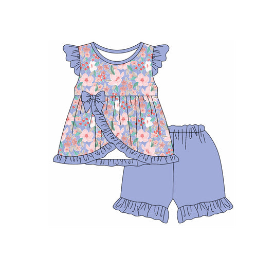 Preorder (moq 5)Baby Girls Purple Flowers Bow Top Shorts Clothes Sets