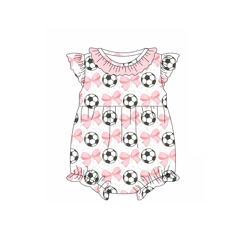 Preorder (moq 5)Baby Girls Pink Flutter Sleeves Bows Footballs Ruffle Rompers
