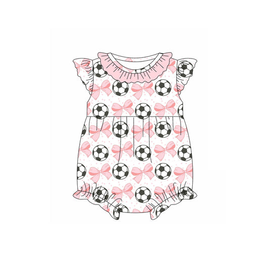 Preorder (moq 5)Baby Girls Pink Flutter Sleeves Bows Footballs Ruffle Rompers