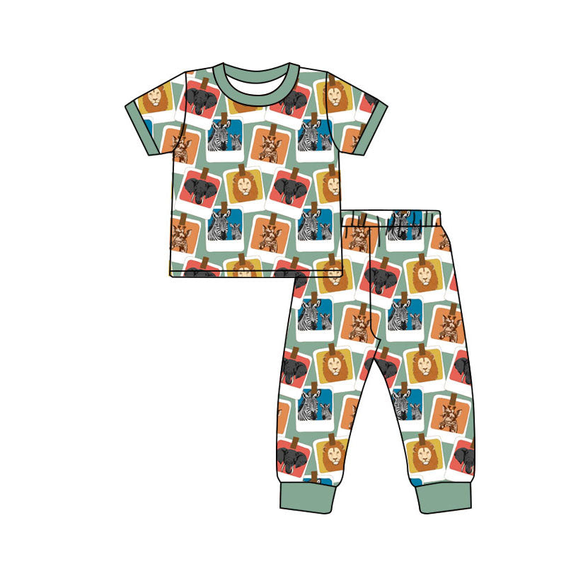 Preorder (moq 5)Baby Boys Animals Checked Top Pants Hunting Pajamas Sets