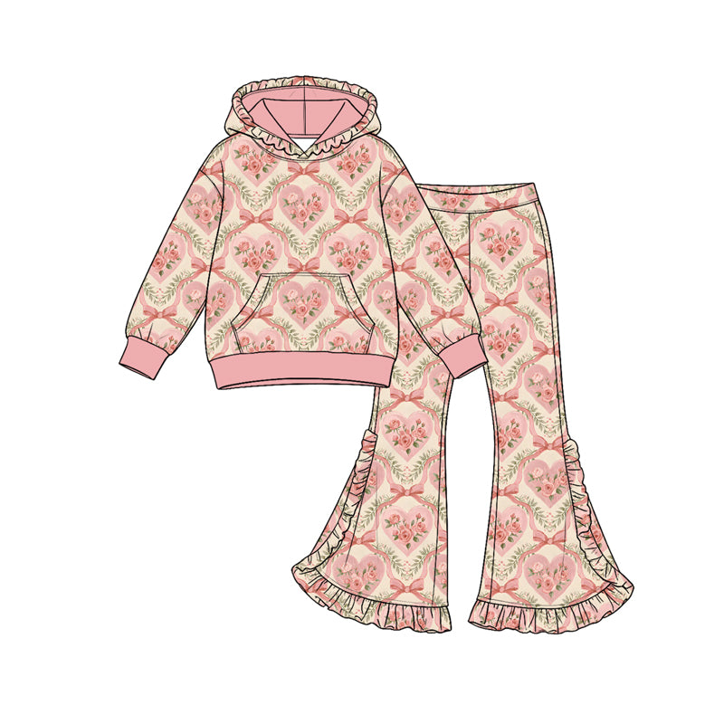 Preorder (moq 5) Girls’ Fall Dusty Pink Hooded Long-Sleeve Heart & Rose Ruffle Flare Pants Print Set | Matching Sister & Family Outfits
