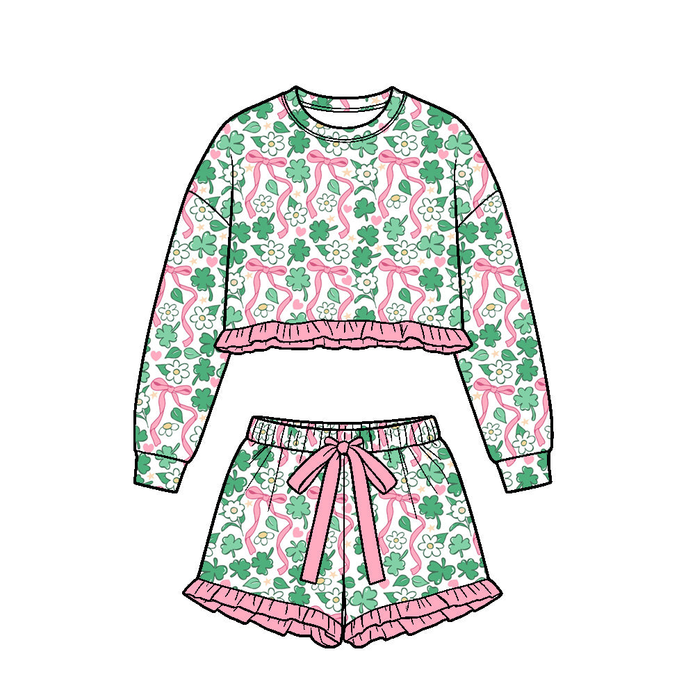 Preorder (moq5) Baby Girls Clovers Flowers Long Sleeve Top Ruffle Short St Patrick Clothes Set