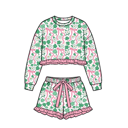 Preorder (moq5) Baby Girls Clovers Flowers Long Sleeve Top Ruffle Short St Patrick Clothes Set