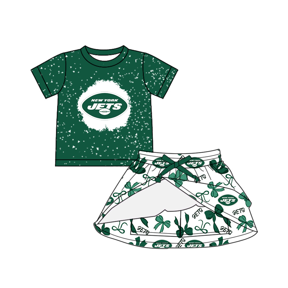 Preorder (moq 5)Baby Girls Green Short Sleeves Jets Top Bows Plaid Skorts Team Set