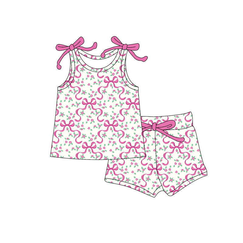 Preorder (moq 5)Baby Girls Bows Sleeveless Hot Pink Bows Flowers Plaid Top Shorts Set