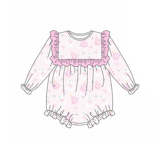 Preorder (moq 5)Baby Girls Long Sleeves Pink Snowmen Trees Ruffle Rompers