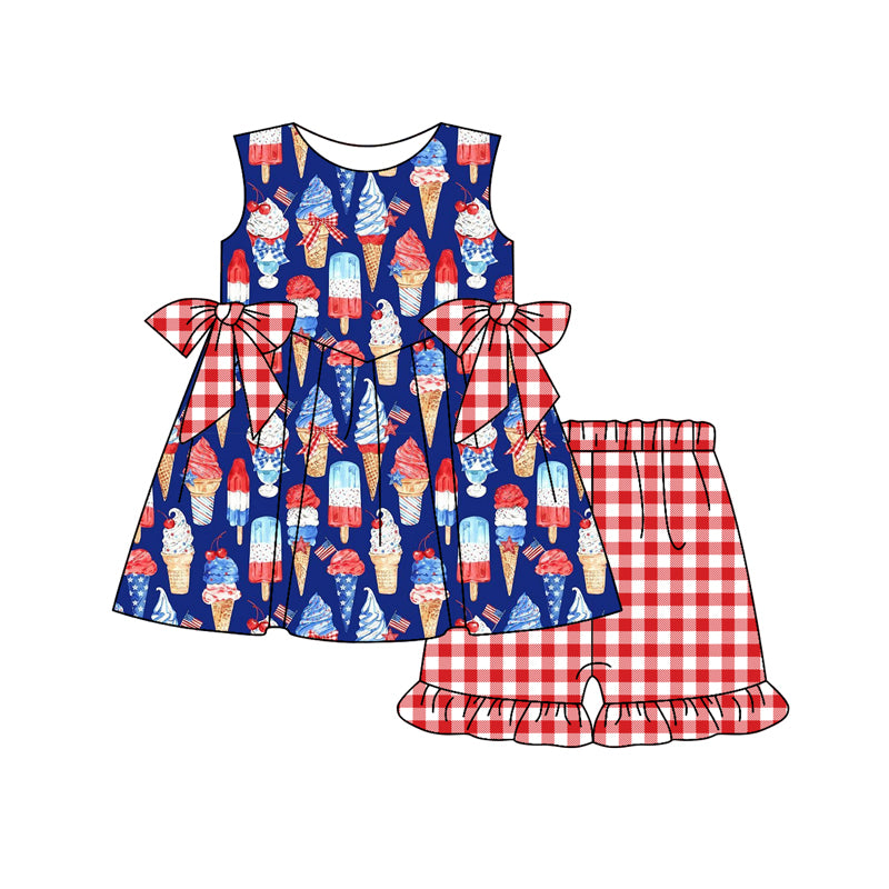 Preorder (moq 5)Baby Girls Blue Sleeveless Popsicle Bows Tunic Red Plaid Short 4th Of July Set Preorder
