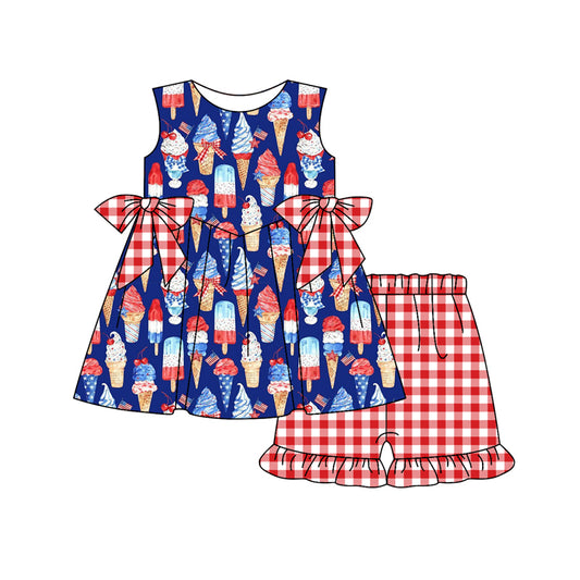 Preorder (moq 5)Baby Girls Blue Sleeveless Popsicle Bows Tunic Red Plaid Short 4th Of July Set Preorder