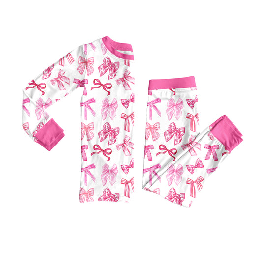 Preorder (moq 5)Baby Girls Long Sleeves Pink Bows Plaid Top Pants Pajamas Set
