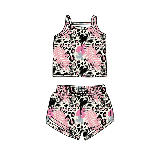 Preorder (moq 5)Baby Girls Leopard Pink Leaves Straps Top Shorts Clothes Sets