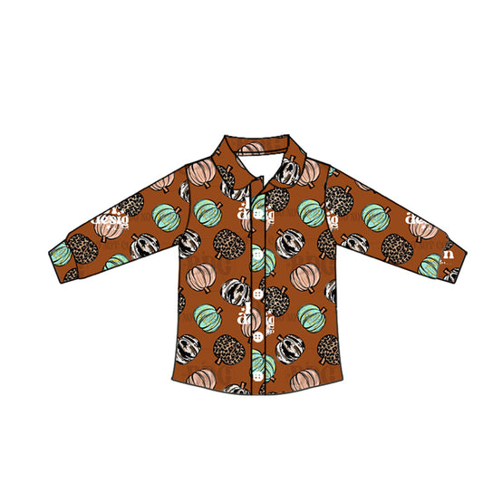 Preorder moq 10 Baby Boys Brown Long Sleeves Leopard Pumpkins Button Shirts Top