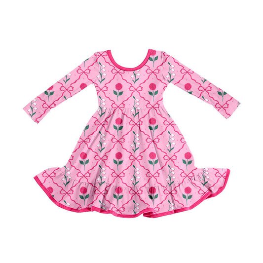 Preorder (moq 5)Baby Girls Pink Bows Flowers Checked Ruffle Knee Length Dresses