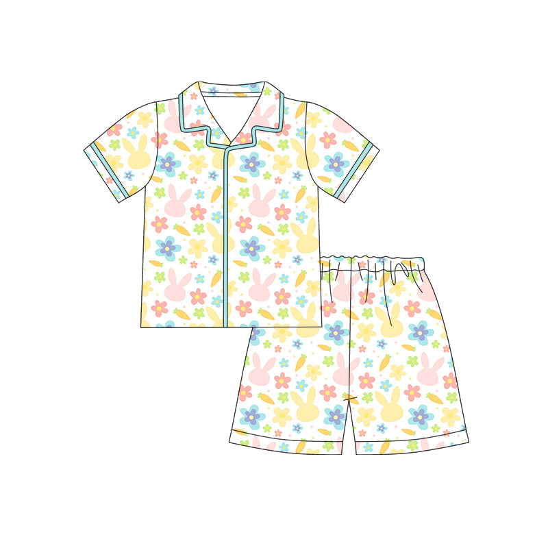 Preorder (moq 5)Baby Girls Rabbits Carrots Flowers Button Top Shorts Easter Pajamas Sets