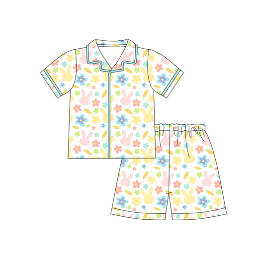 Preorder (moq 5)Baby Girls Rabbits Carrots Flowers Button Top Shorts Easter Pajamas Sets