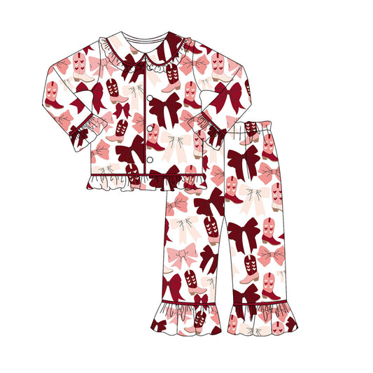 Preorder (moq 5)Baby Girls Dark Red Bows Boots Button Top Ruffle Pants Pajamas Sets