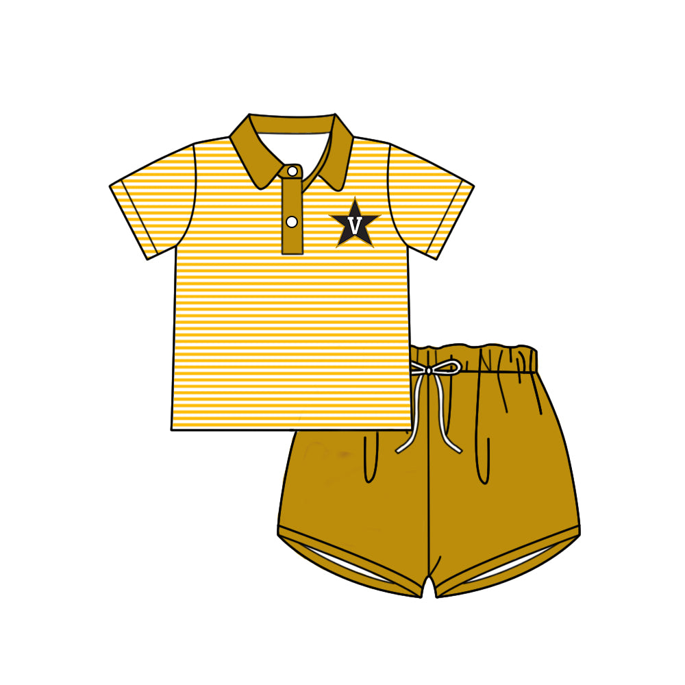 Preorder (moq 5)Baby Boys Short Sleeves Yellow Stripe Button Star V Top Shorts Team Set