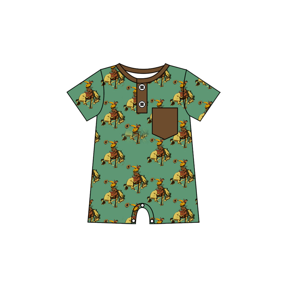 Preorder (moq 5)Baby Boys Green Horse Rodeos Button Pocket Western Short Rompers