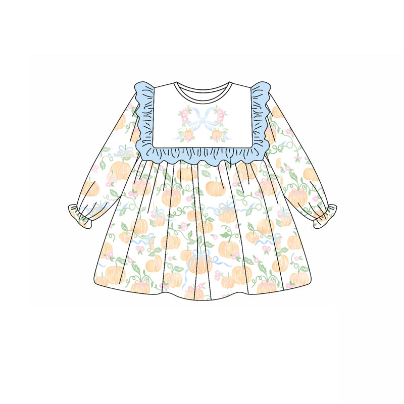 Preorder (moq 5)Baby Girls Long Ruffle Sleeves Bows Pumpkins Knee Length Dresses