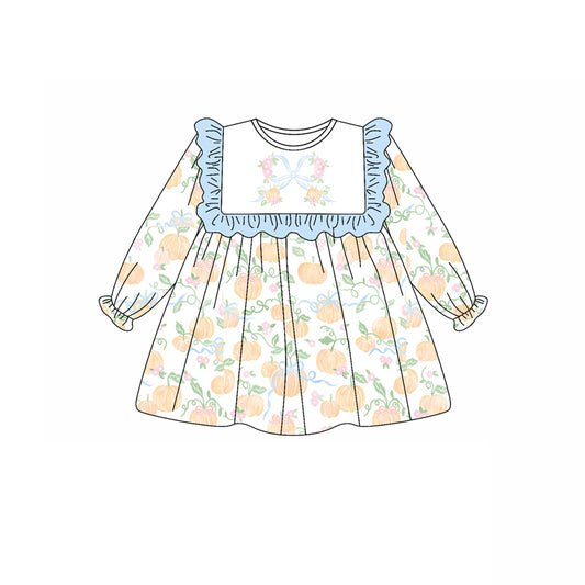 Preorder (moq 5)Baby Girls Long Ruffle Sleeves Bows Pumpkins Knee Length Dresses