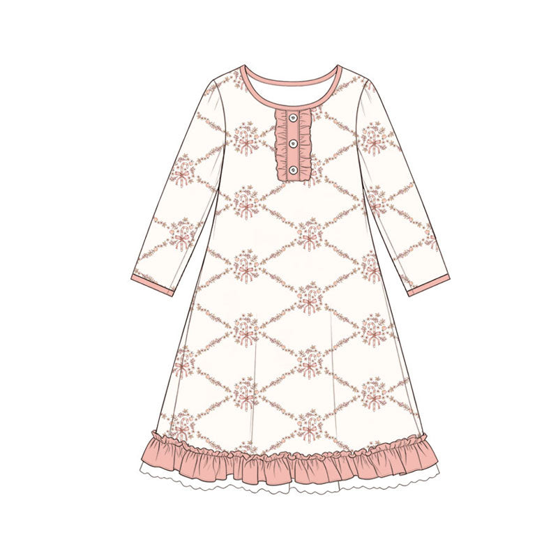 Preorder(moq 5) Baby Girls Flowers Candy Cane Christmas Button Ruffle Knee Length Dress