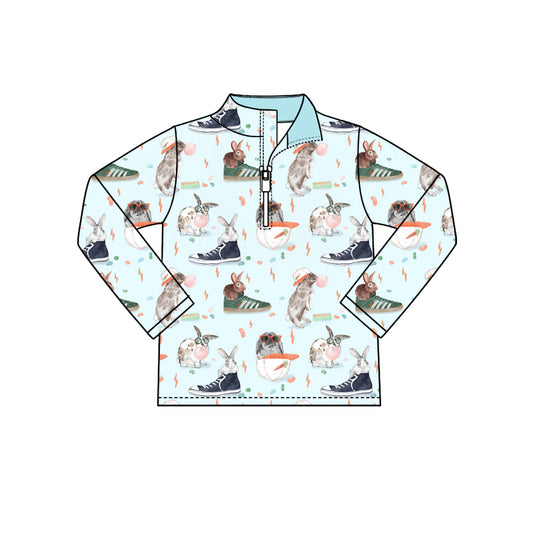 Preorder (moq 5) Baby Boy Clothes Cool Bunny Sneaker Carrot Print Long Sleeve Quarter Zip Pullover Top