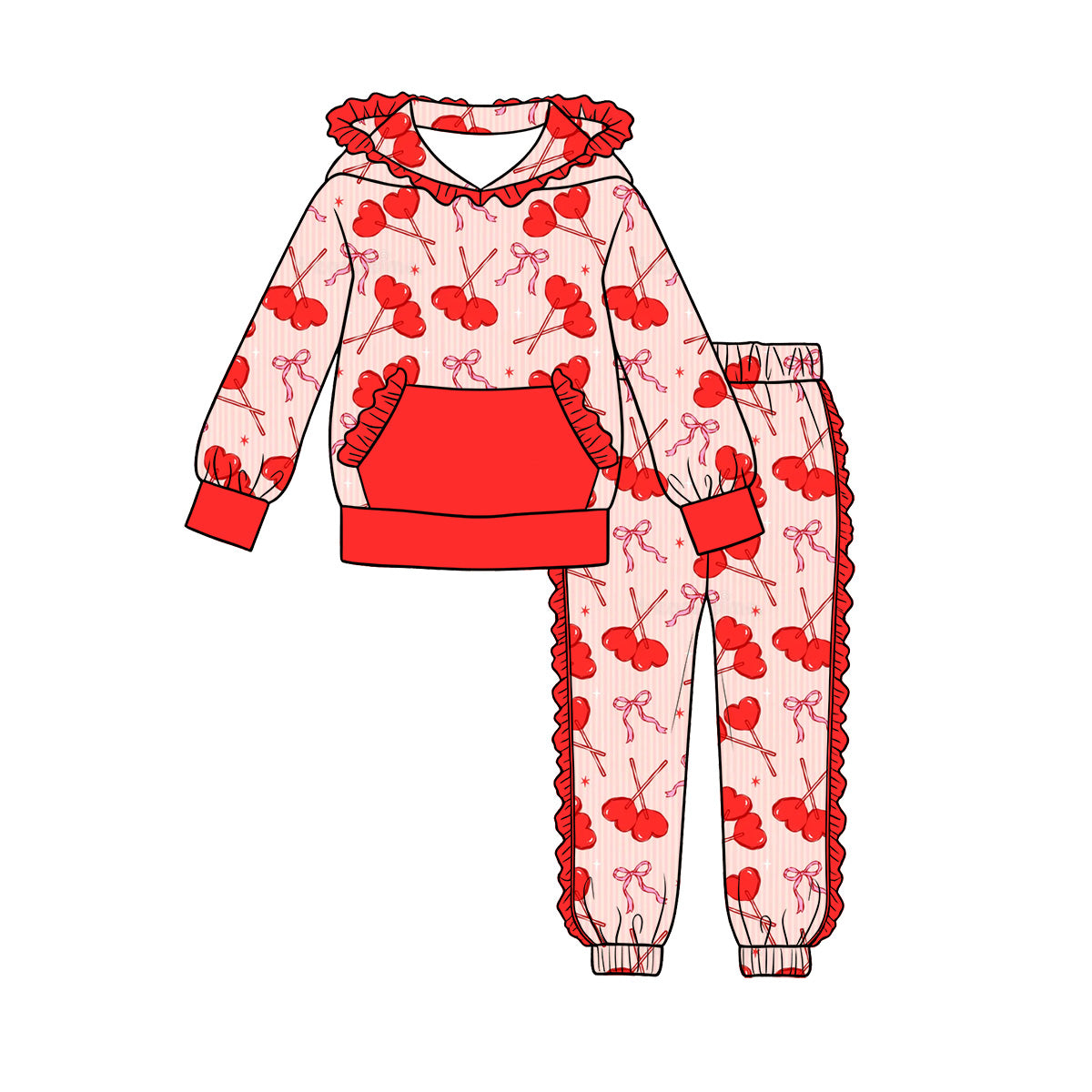 Preorder (moq 5) Baby Girls’ Red Heart With Bow Pocket Hoodie & Ruffle Joggers Set