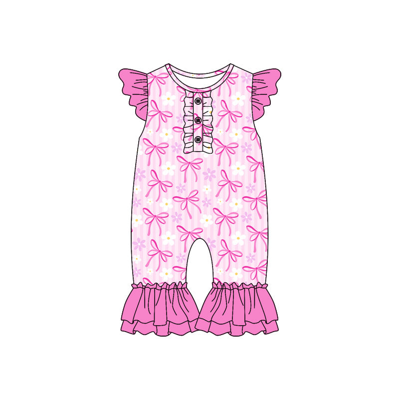 Preorder (moq 5)Baby Girls Hot Pink Bows Flowers Flutter Sleeve Rompers