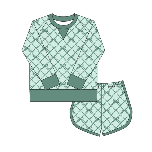 Preorder(moq 8)Baby Girls Green Bows Checked Long Sleeve Top Shorts St Patrick Clothes Set