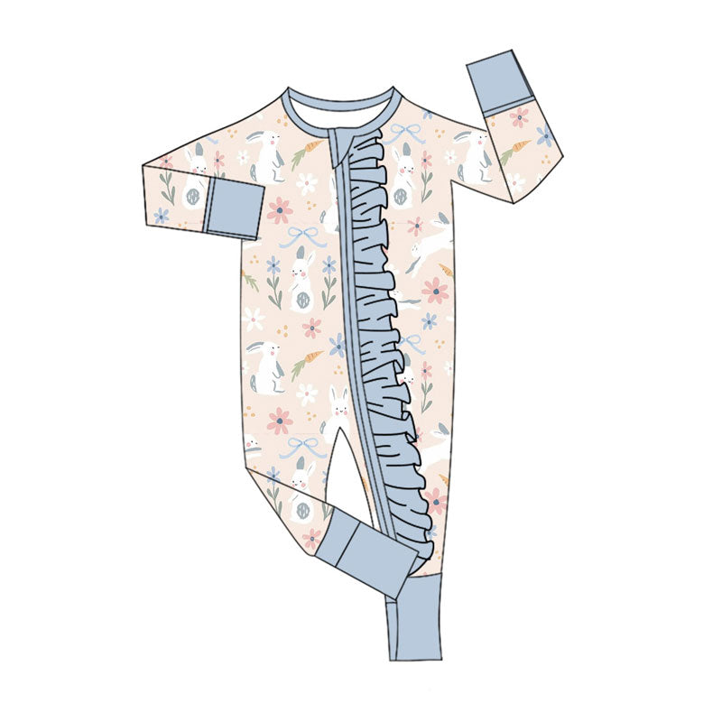 Preorder (moq 8)Baby Girls Bows Flowers Rabbits Easter Ruffle Zipper Footie Rompers