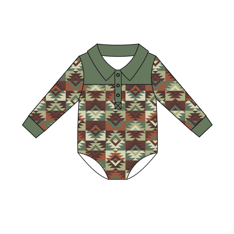Preorder (moq 5)Baby Boys Long Sleeve Colorful Aztec Western Button Hunting Rompers