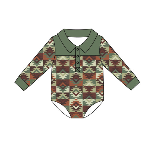 Preorder (moq 5)Baby Boys Long Sleeve Colorful Aztec Western Button Hunting Rompers
