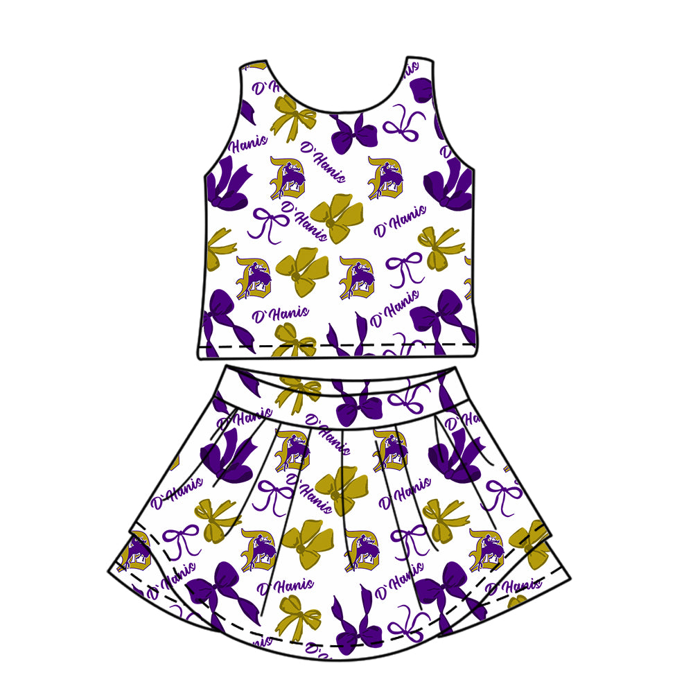 Preorder (moq 5)Baby Girls Purple Sleeveless Horse Rodeos Bows Plaid Top Skorts Team Set