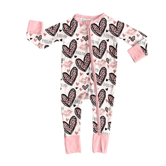 Preorder (moq 5)Baby Girls Pink Leopard Hearts Kiss Me Valentine Zipper Footie Rompers