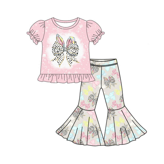 Preorder(moq 8)Baby Girls Rabbit Bows Top Bell Bottom Pants Easter Clothes Sets