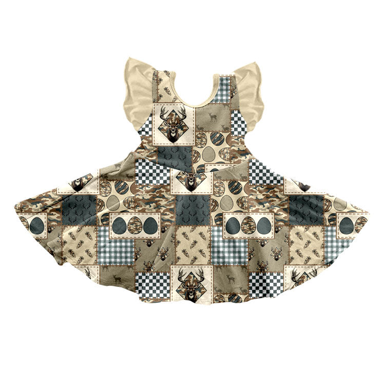 Preorder (moq 5) Baby Girl Clothes Easter Deer Camo Patchwork Print Sleeveless Ruffle Twirl Dress