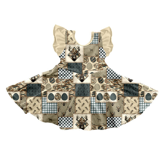 Preorder (moq 5) Baby Girl Clothes Easter Deer Camo Patchwork Print Sleeveless Ruffle Twirl Dress