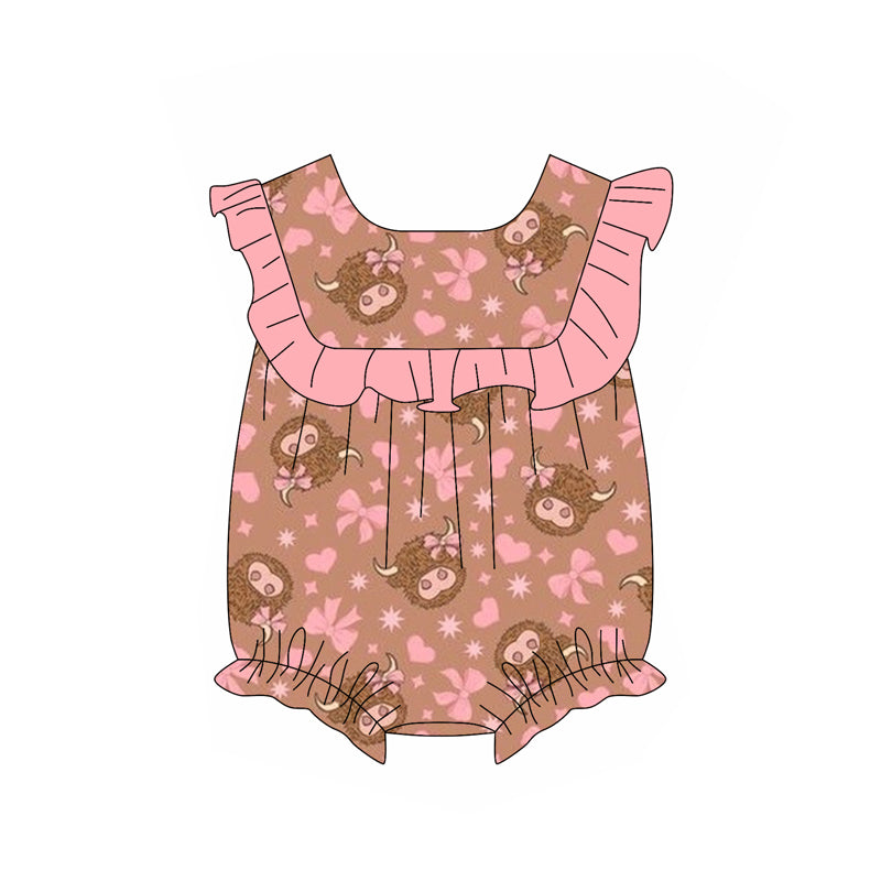 Preorder(moq 5)Baby Infant Girls Pink Sleeveless Highland Cows Bows Summer Rompers