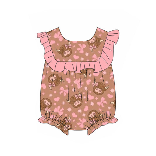 Preorder(moq 5)Baby Infant Girls Pink Sleeveless Highland Cows Bows Summer Rompers