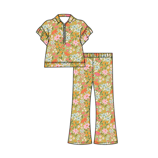Preorder (moq 5)Baby Girls Colorful Flowers Zip Pullovers Flare Pants Clothes Sets