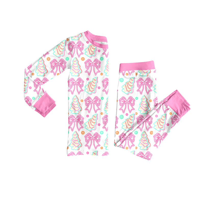 Preorder (moq 5)Baby Girls Long Sleeves Pink Bows Trees Top Pant Pajamas Clothes Set