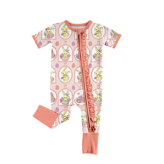 Preorder (moq 5) Baby Girl Clothes Easter Bunny Basket Frame Mixed Print Short Sleeve Zipper Ruffle Baby Romper