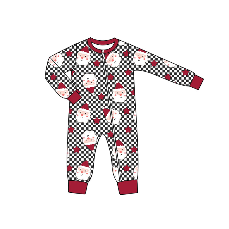 Preorder moq 5 Baby Infant Boys Long Sleeves Santa Stars Black Plaid Zipper Romper