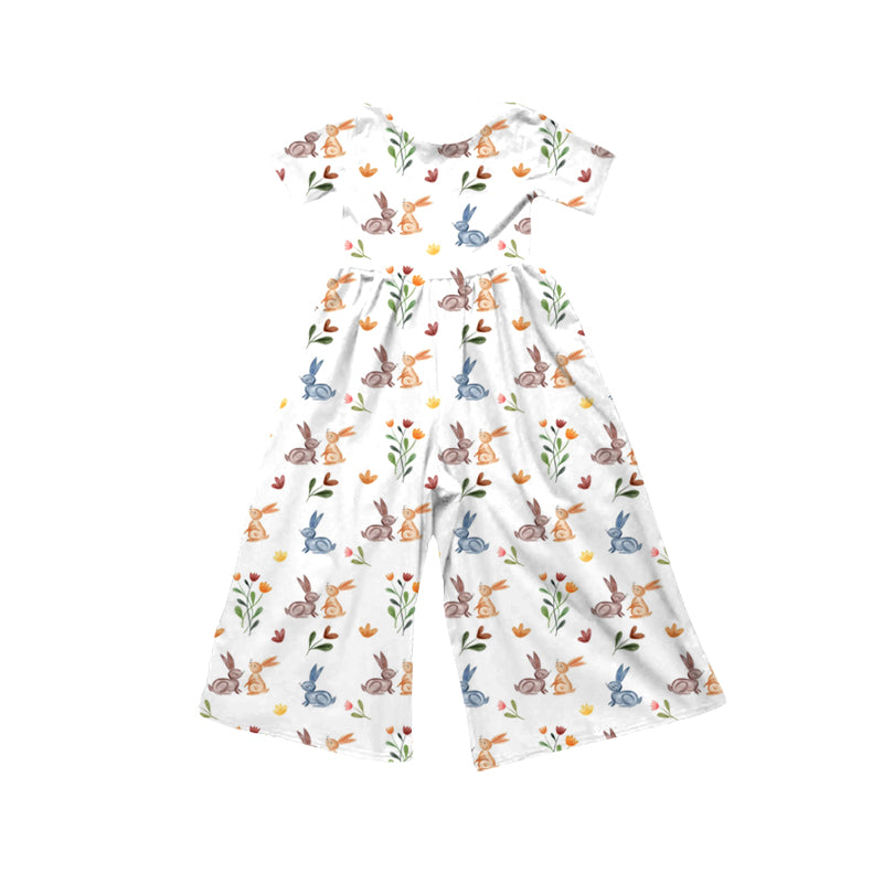 Preorder (moq 5)Baby Girls Short Sleeve Colorful Flowers Rabbits Easter Jumpsuits