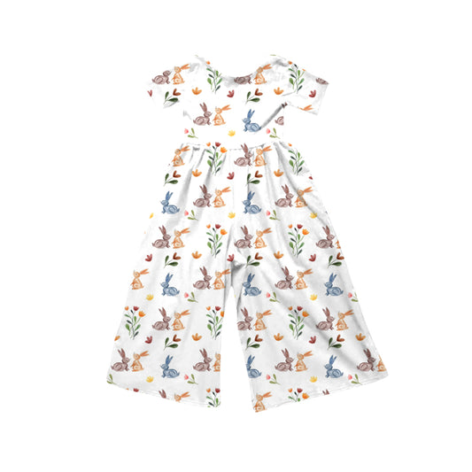 Preorder (moq 5)Baby Girls Short Sleeve Colorful Flowers Rabbits Easter Jumpsuits