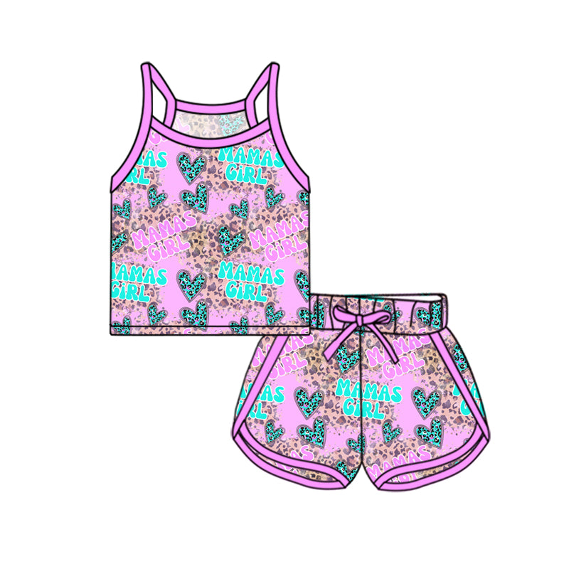 Preorder (moq 5)Baby Girls Hot Pink Strap MAMA'S GIRL Leopard Hearts Top Short Sport Set