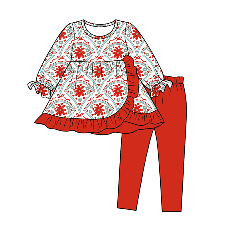 Preorder (moq 5)Baby Girls Heart Flower Bows Tunic Leggings Pant Valentines Clothes Set